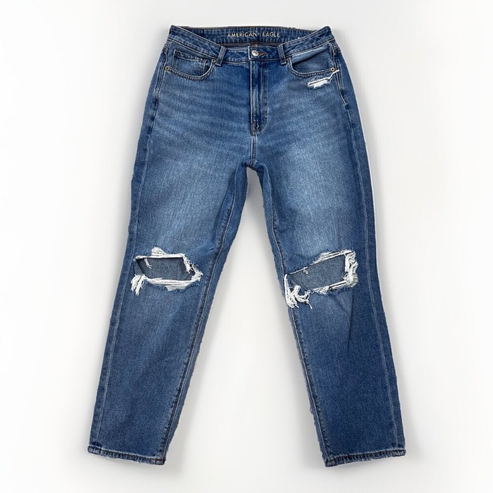 American Eagle Jeans Womens 8 Short Medium Wash Distressed Mom Jeans Hi-Rise
